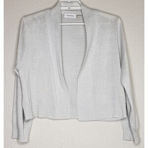 Calvin Klein Womens Sweater Cardigan Large 3/4 Sleeve Gray Metallic Open Front